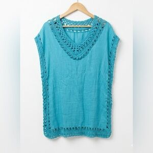 Women’s Bohemian Turquoise Crochet Trim V-Neck Cap Sleeve Bathing Suit Coverup